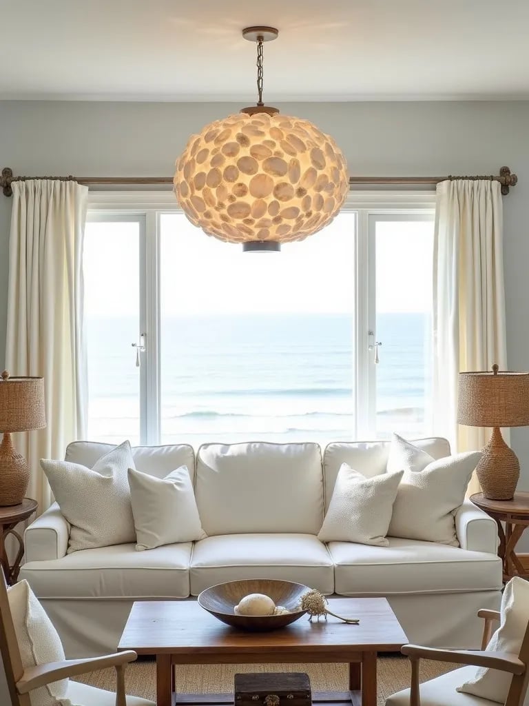 Compact beach themed living room with statement chandelier and lamps