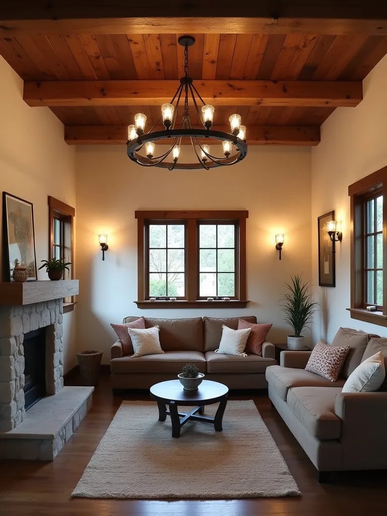 Compact cabin style living room with rustic lighting elements