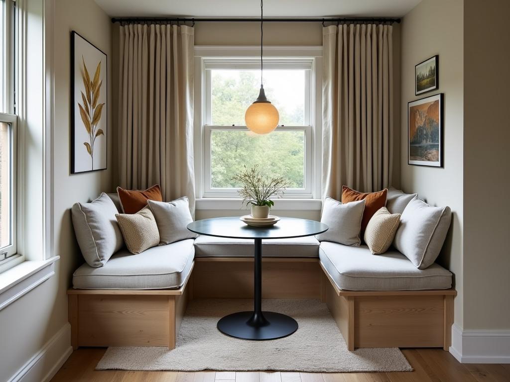 Compact dining nook with built in seating and round glass table