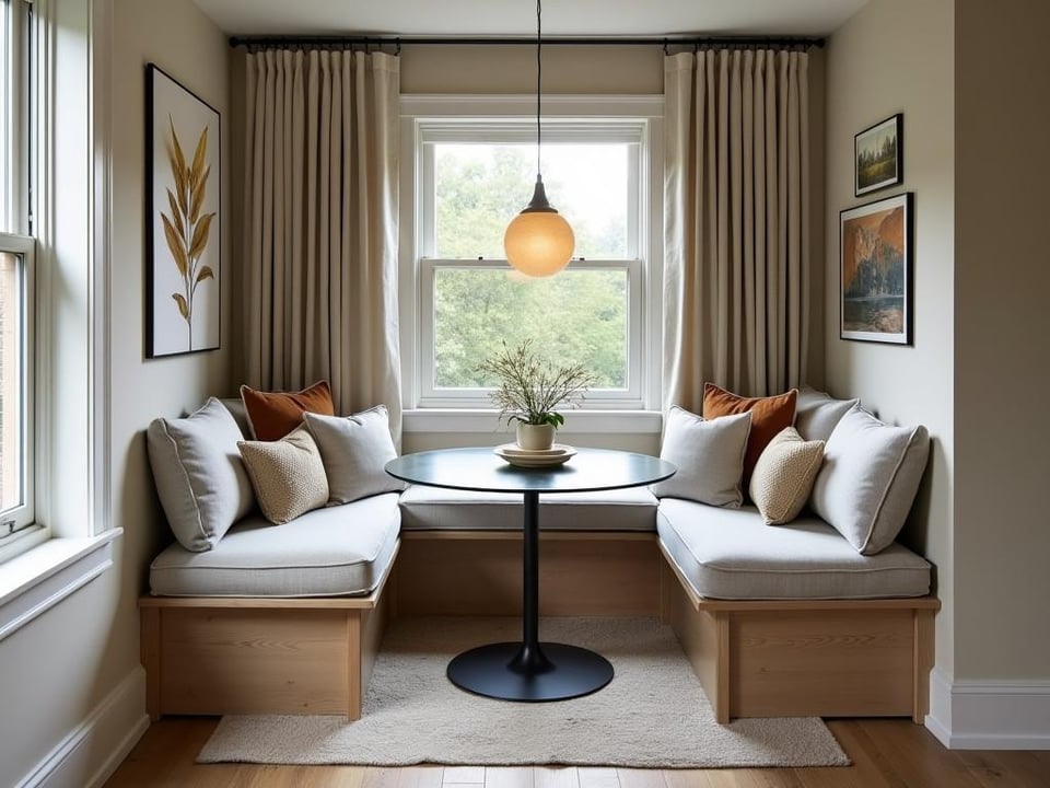 Compact dining nook with built in seating and round glass table