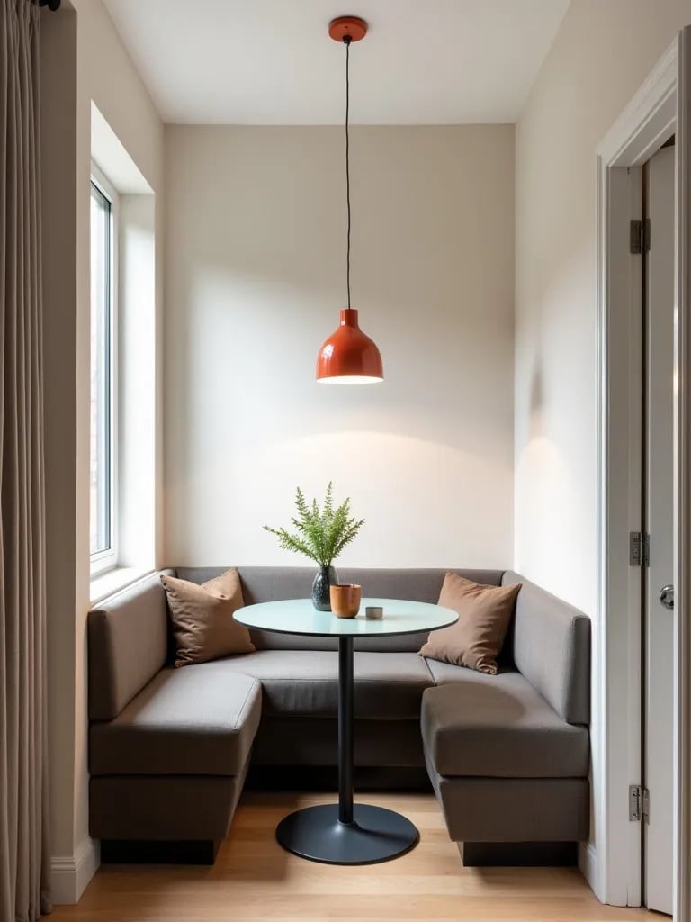 Compact dining nook with built in seating and round glass table
