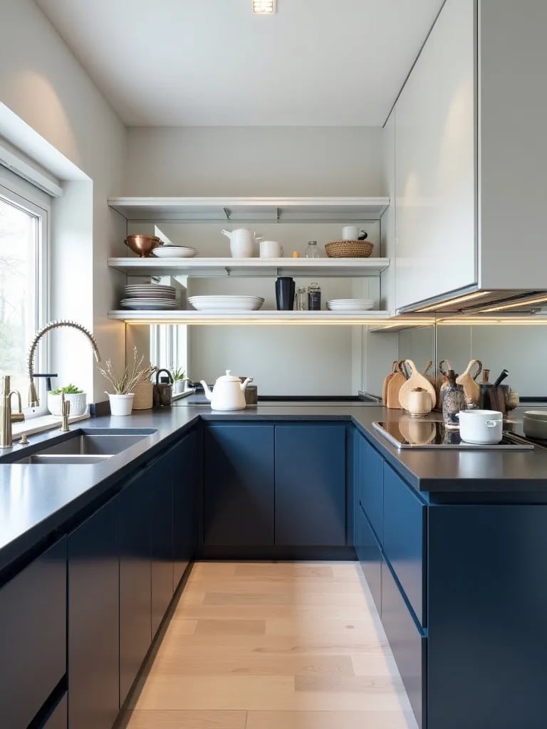 Compact galley kitchen with navy lower cabinets and white floating shelves
