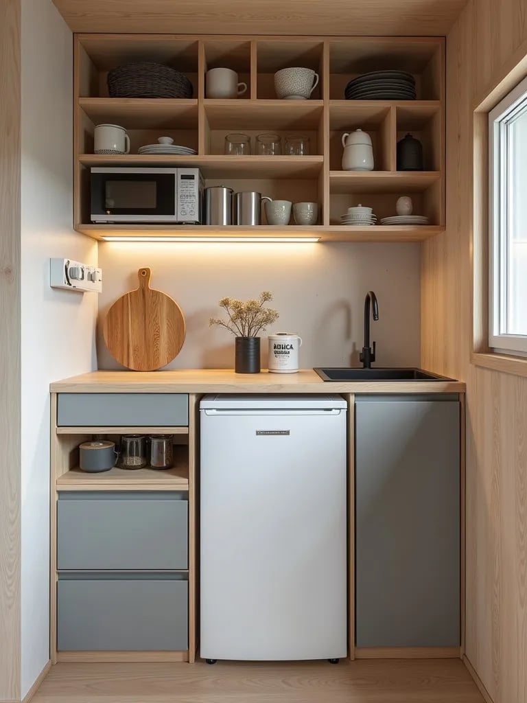 Compact kitchen with fold down surfaces and clever storage solutions