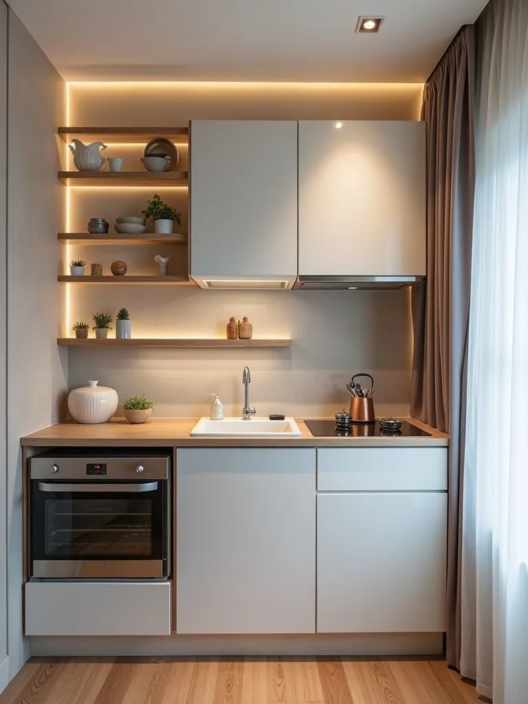 Compact kitchen with hidden features and space saving smart appliances