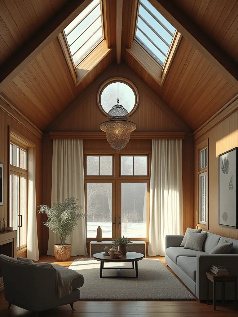 Compact living room blending rustic and industrial elements with warm lighting