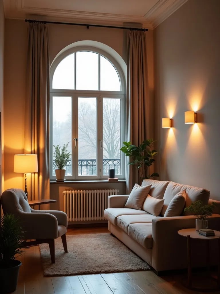 Compact living room with warm glow from various light sources