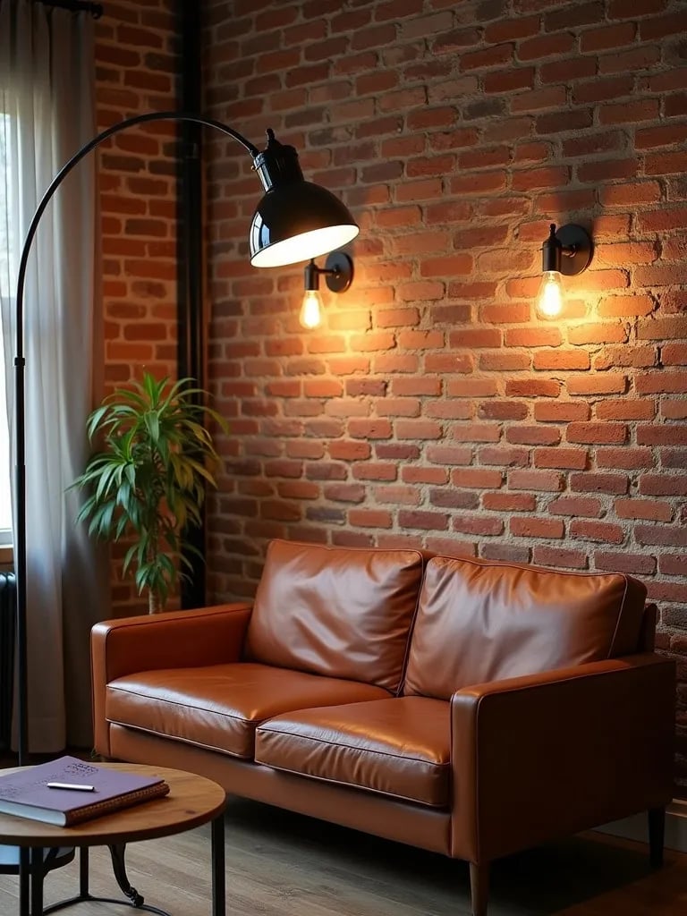 Compact loft style living room with industrial lighting fixtures