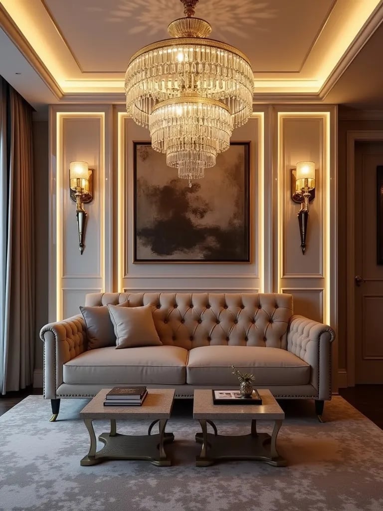 Compact luxurious living room with crystal lighting and LED accents