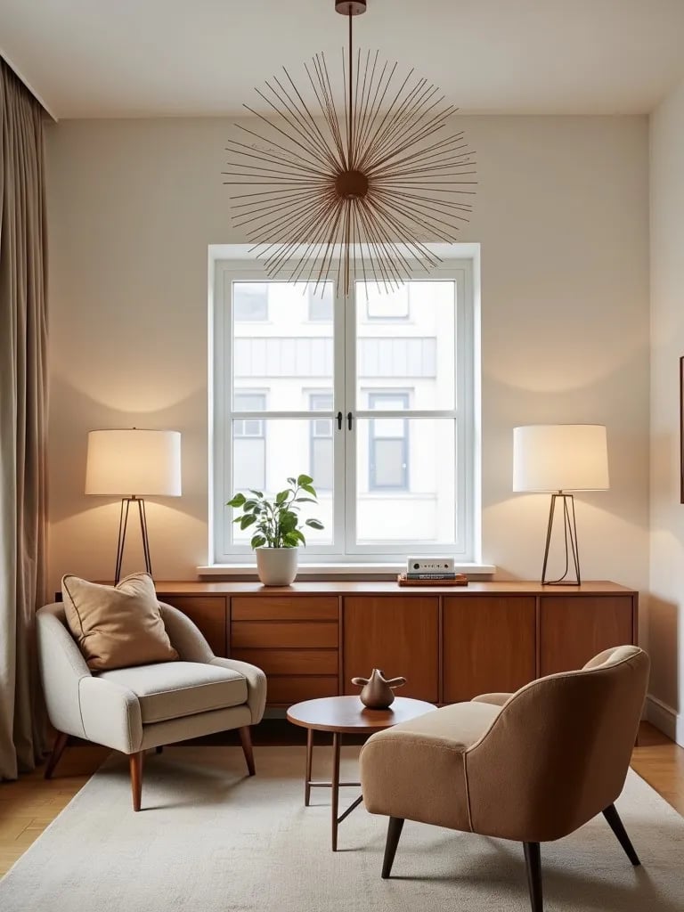 Compact mid century modern living room with statement chandelier