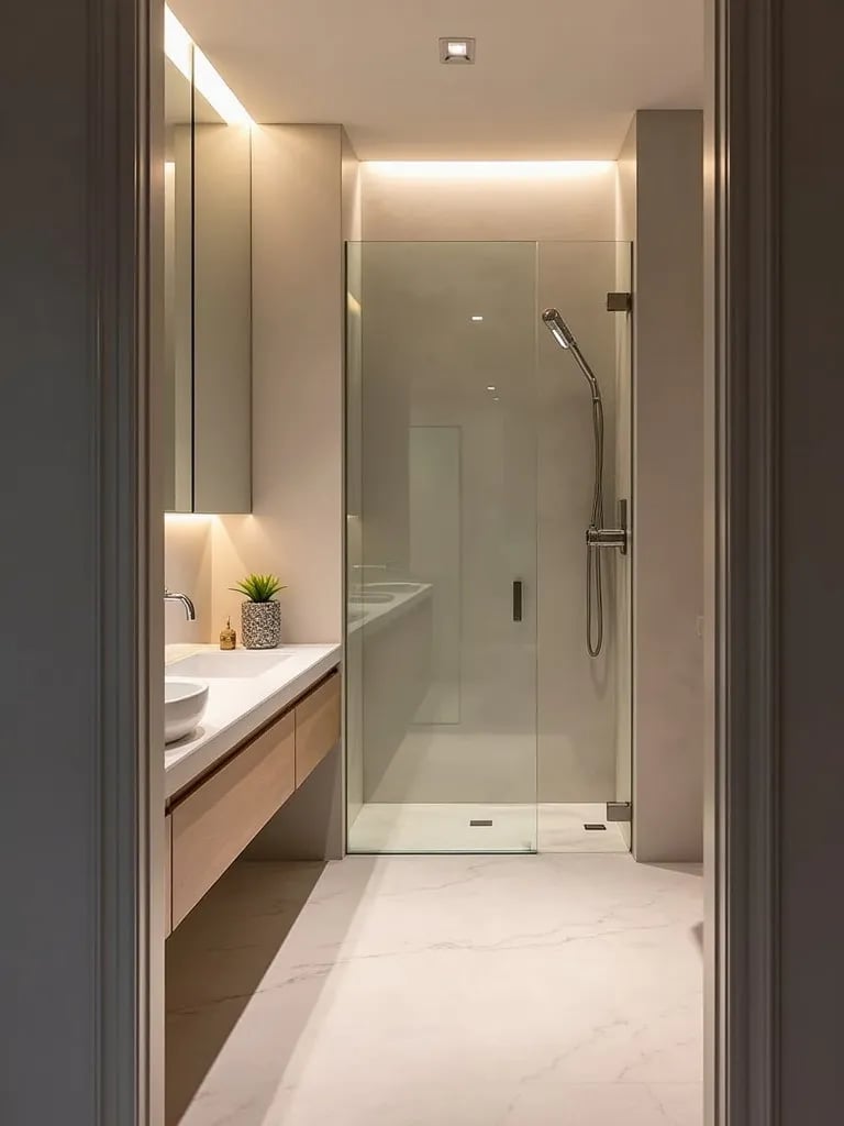 Compact modern bathroom with floating vanity and LED lighting