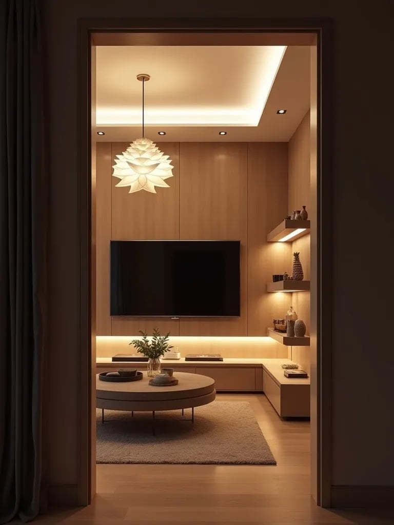 Compact modern living room with sculptural and integrated LED lighting