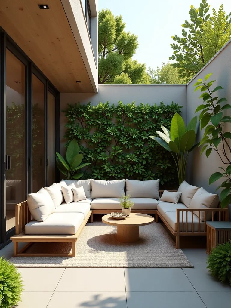 Compact modern patio with multi functional furniture and living wall in daylight