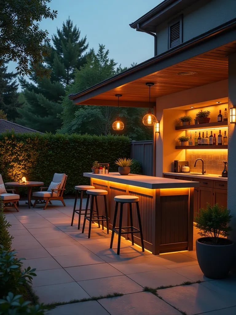 Compact outdoor kitchen and bar area in a small backyard patio at dusk