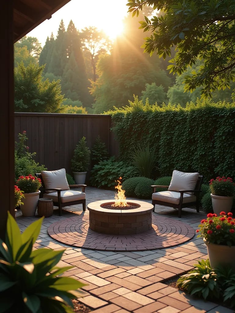 Compact patio featuring round paver design and lush container gardens