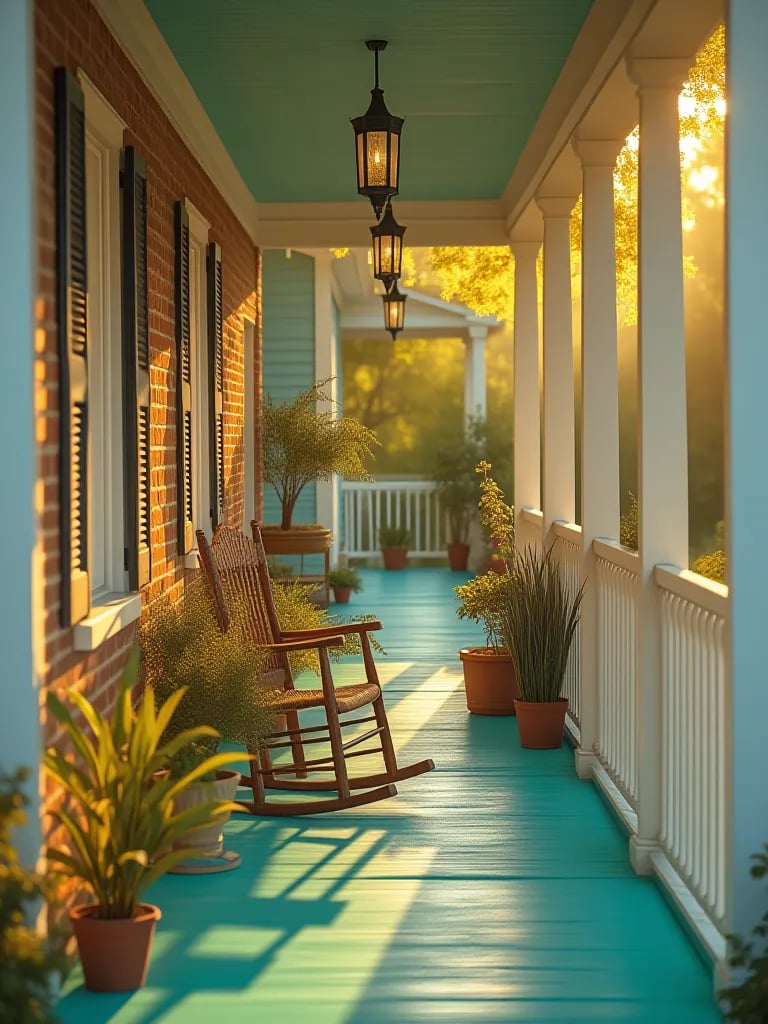 Compact porch featuring teal floor and white railings with potted plants