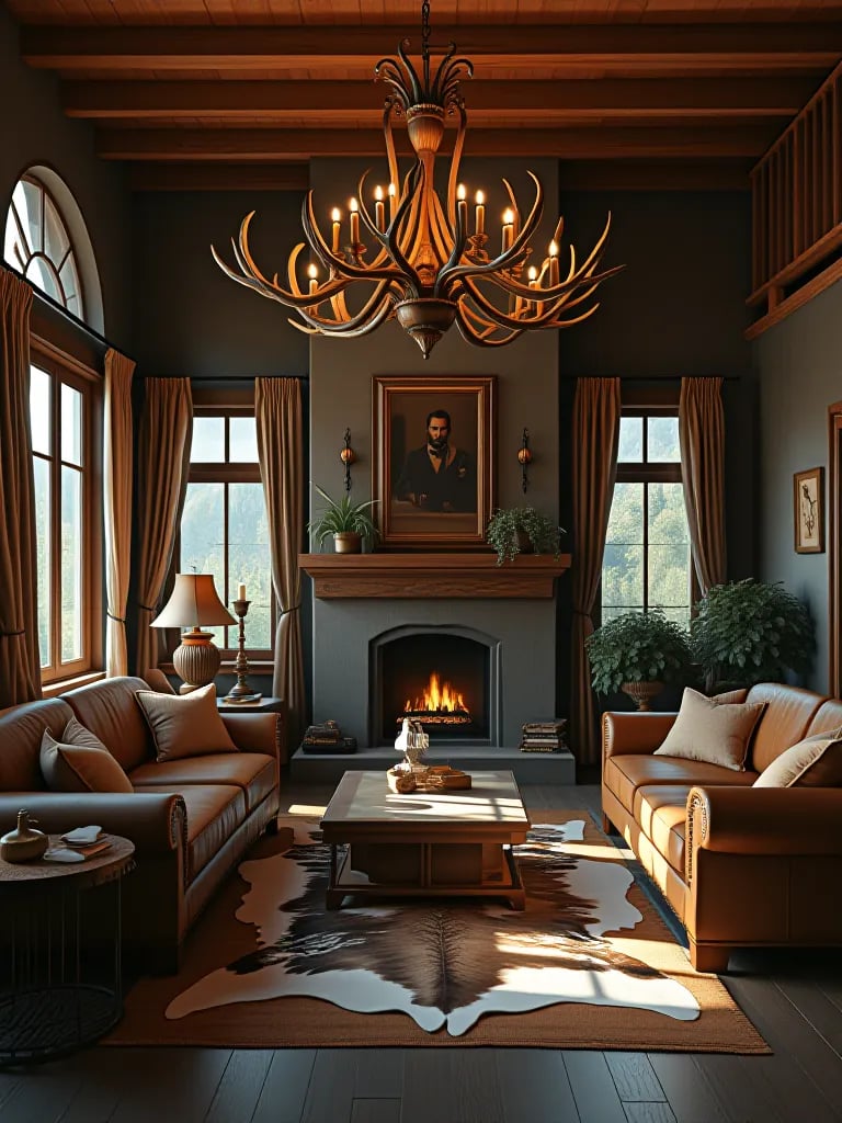 Compact rustic living room designed as a cozy home library with reading nook