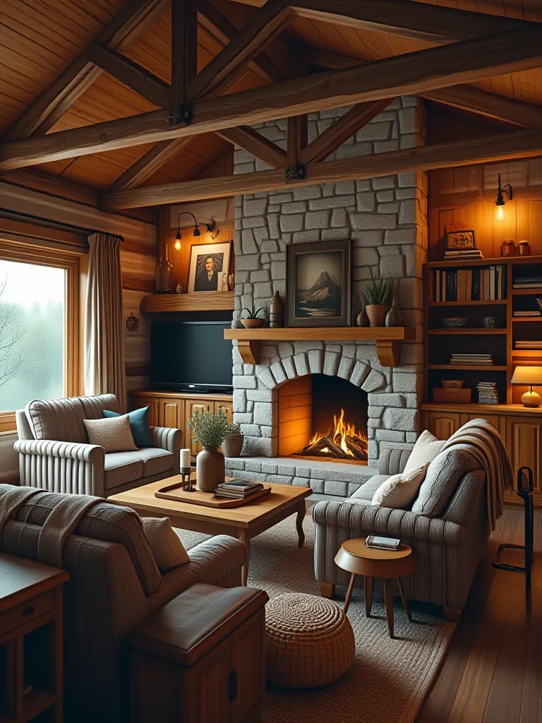 Compact rustic living room featuring space saving design and natural elements