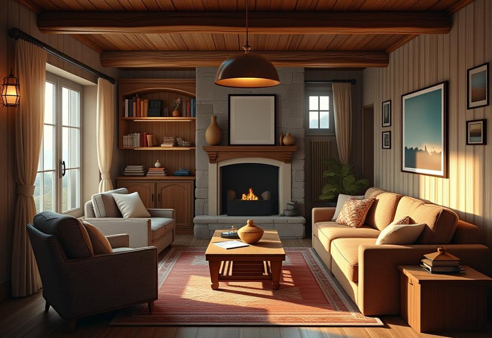 Compact rustic living room with space saving furniture and warm lighting