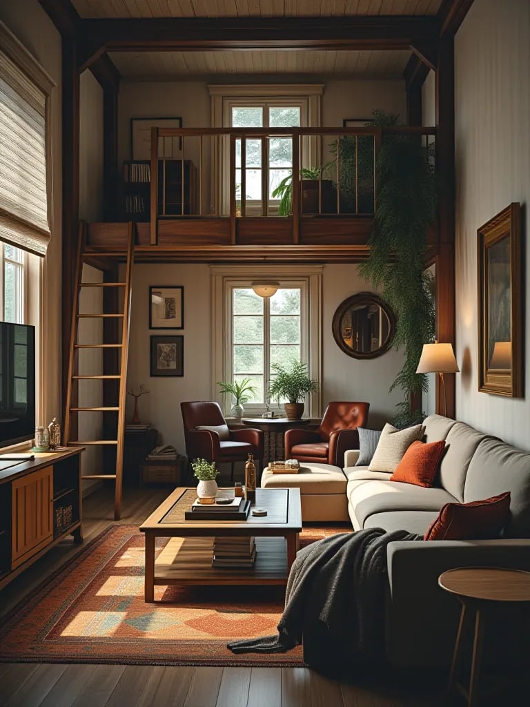 Compact rustic living space with forest view and space efficient furniture