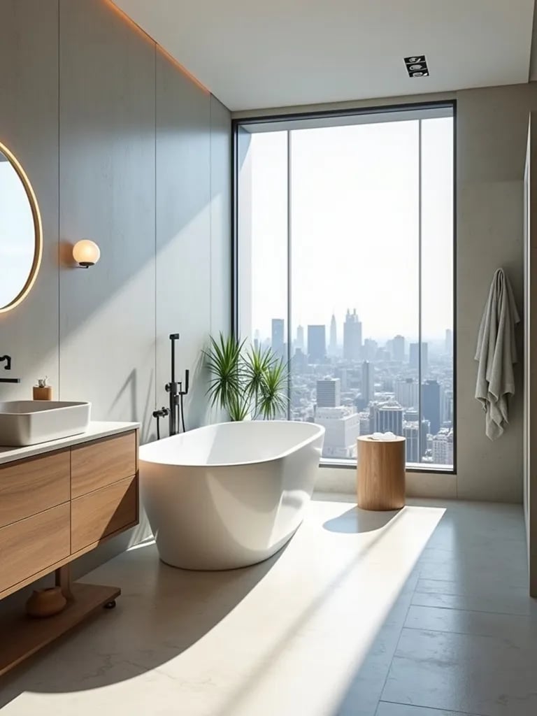 Compact wet room with freestanding tub, open shower, and floating vanity