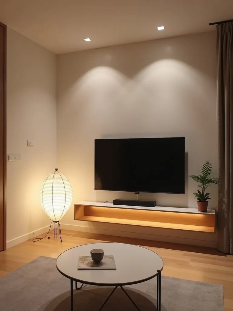 Compact zen inspired living room with minimalist lighting fixtures