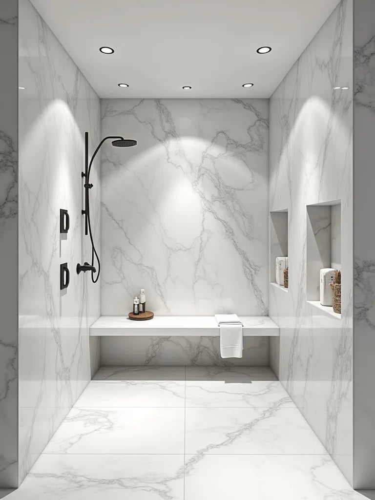 Contemporary bathroom with double rain shower and marble look tiles