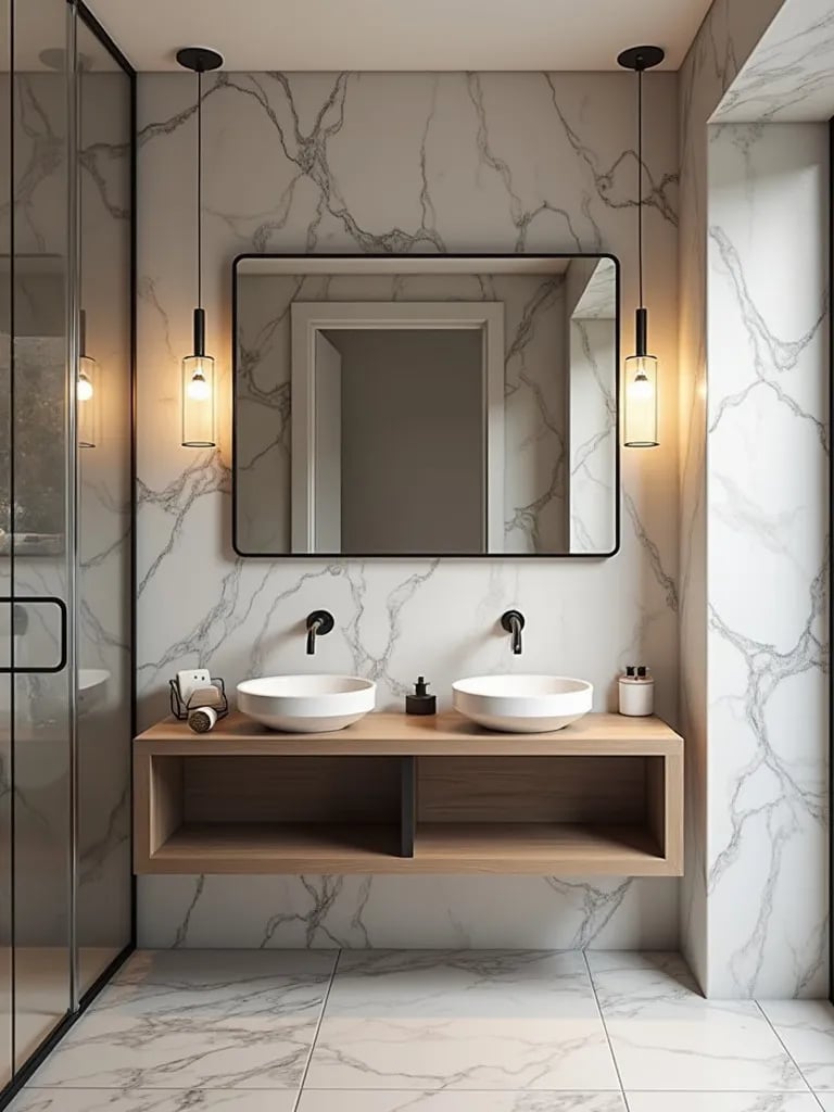 Contemporary bathroom with floating double vanity and geometric tile accent wall