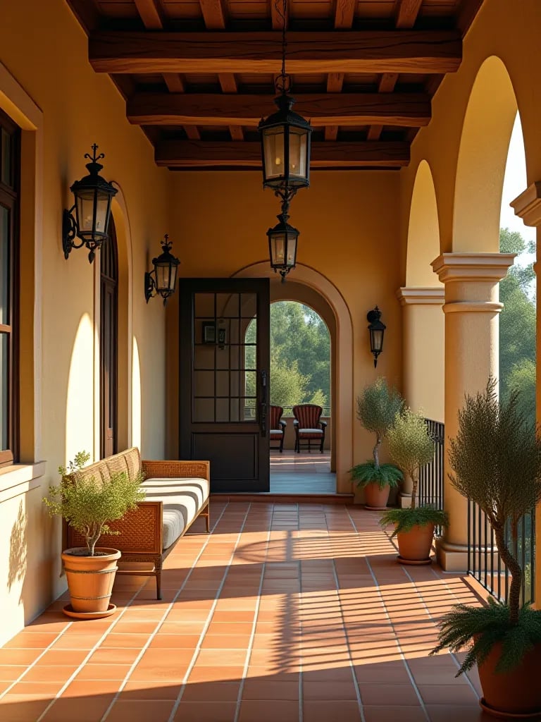 Contemporary concrete porch with charcoal floor and coral door at twilight
