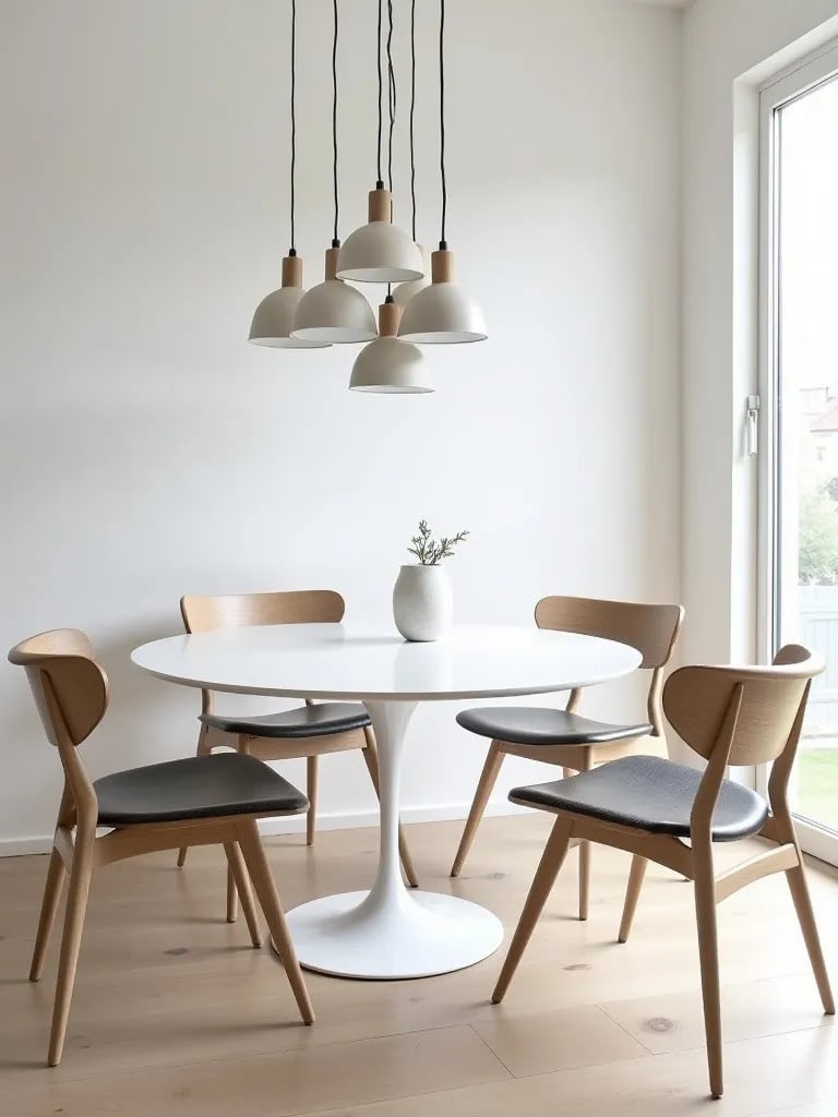 Contemporary dining area featuring cluster of minimalist pendant lights
