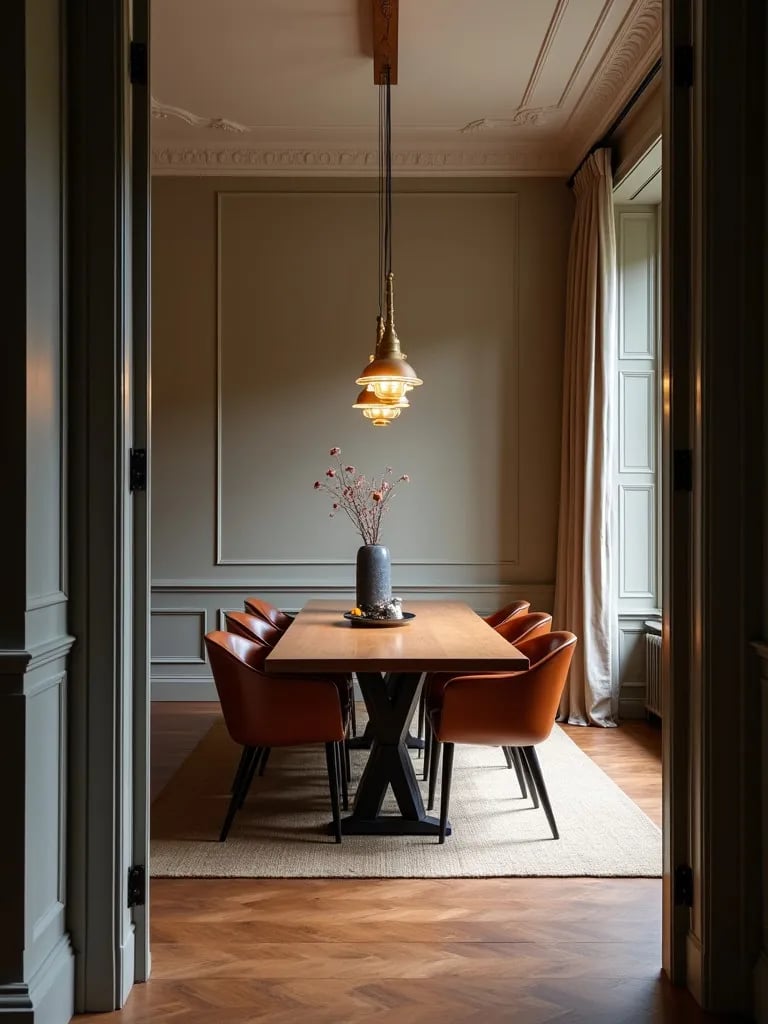 Contemporary dining area featuring series of pendant lights over wooden table