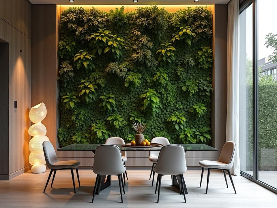 Contemporary dining room featuring a living plant wall and glass table