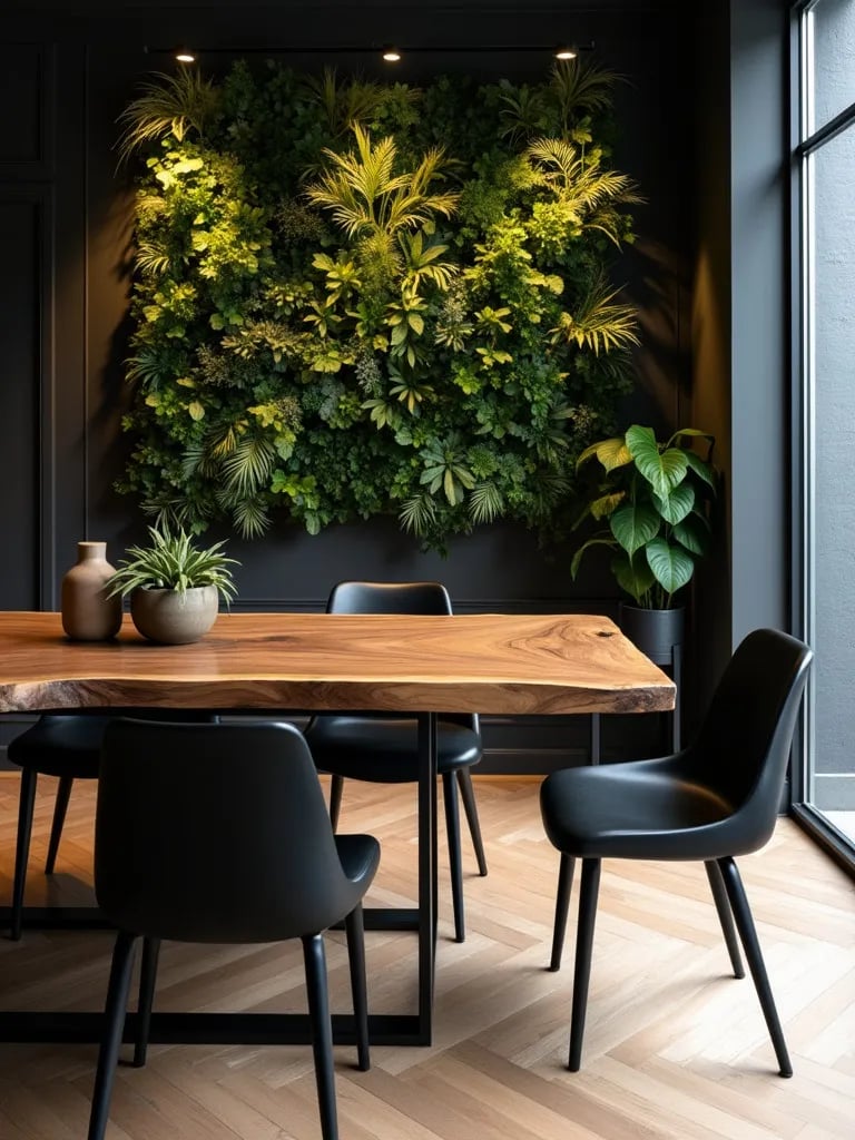Contemporary dining room featuring live edge table and vertical garden wall