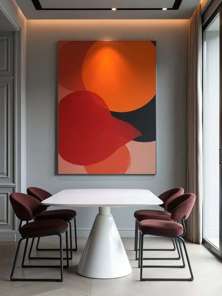 Contemporary dining room with bold red painting and neutral furnishings