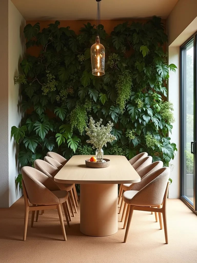 Contemporary dining room with cork floor, recycled plastic table, and living wall