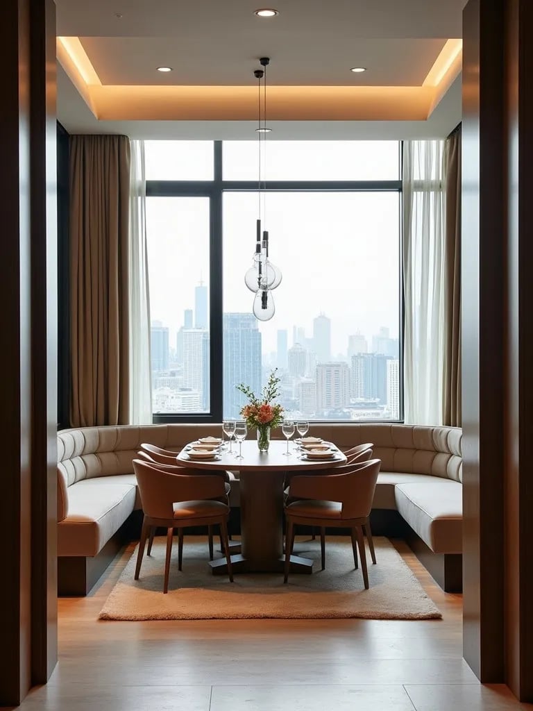 Contemporary dining room with curved banquette and oval table