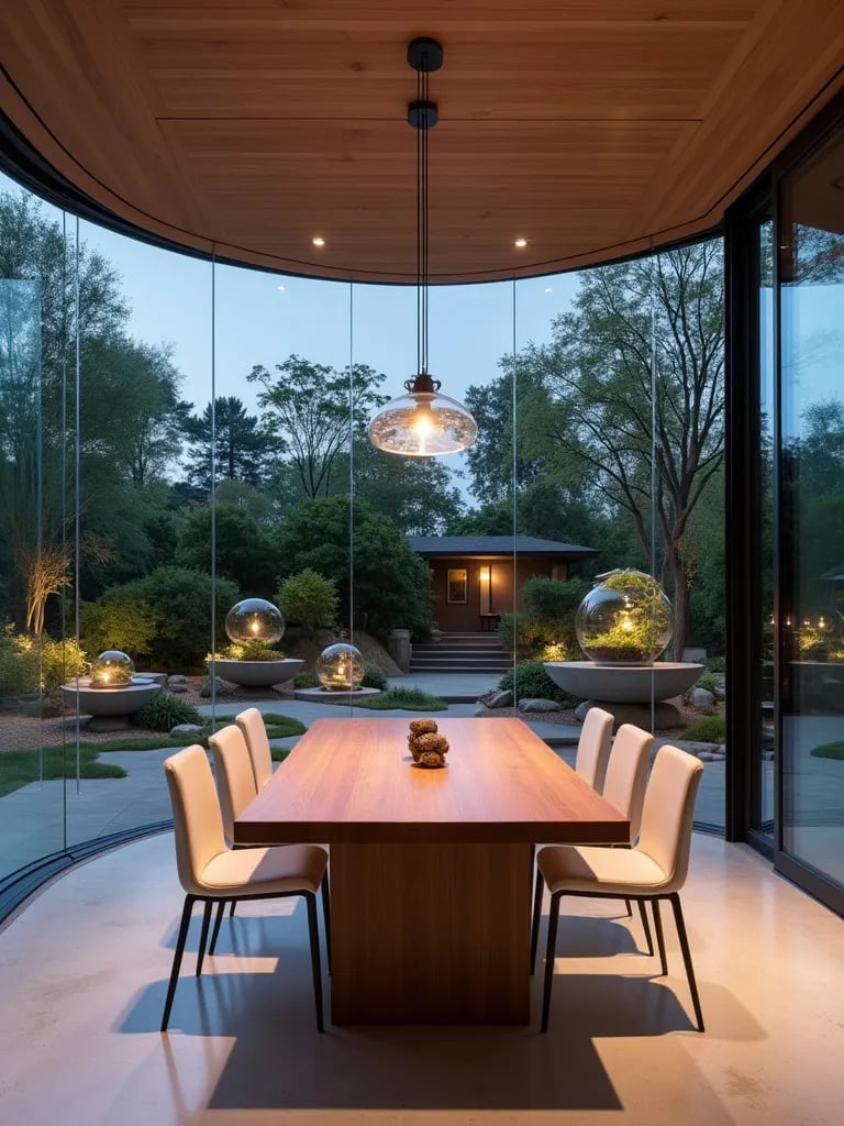 Contemporary dining room with curved glass wall overlooking zen garden