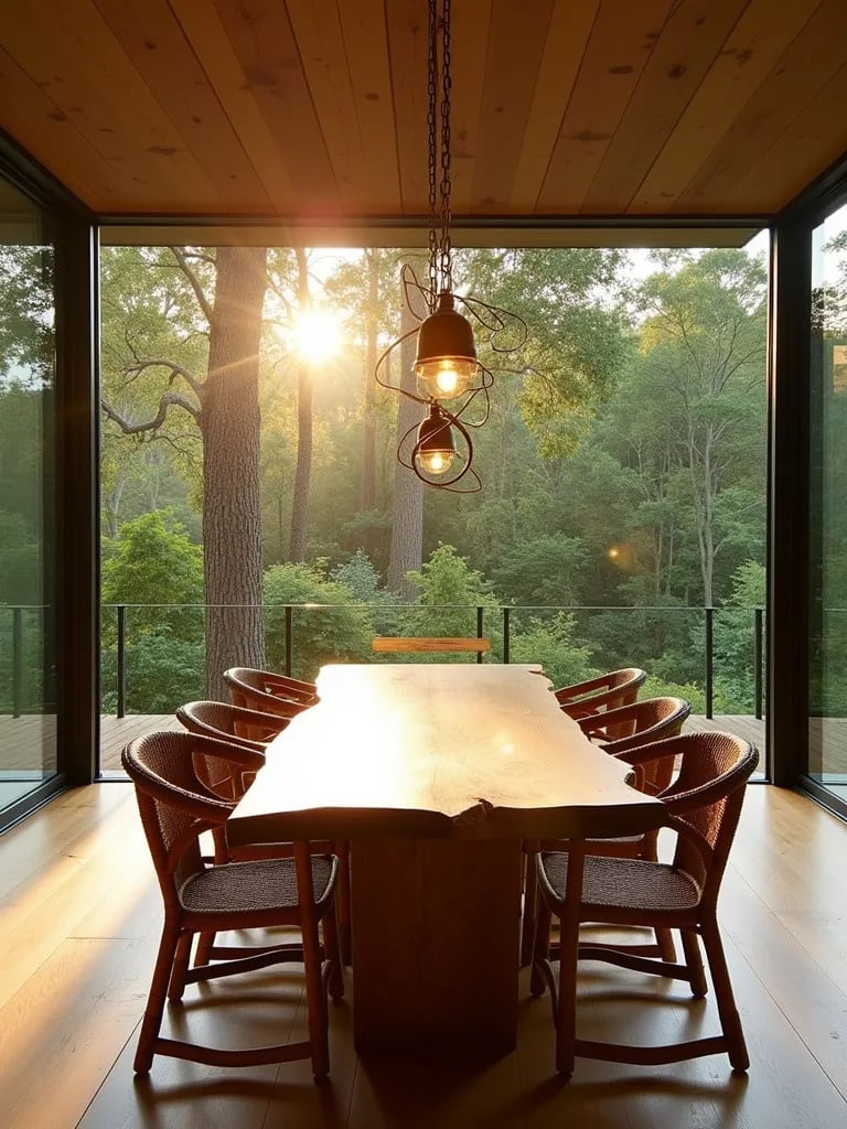 Contemporary dining room with forest view, wooden table, and rattan chairs