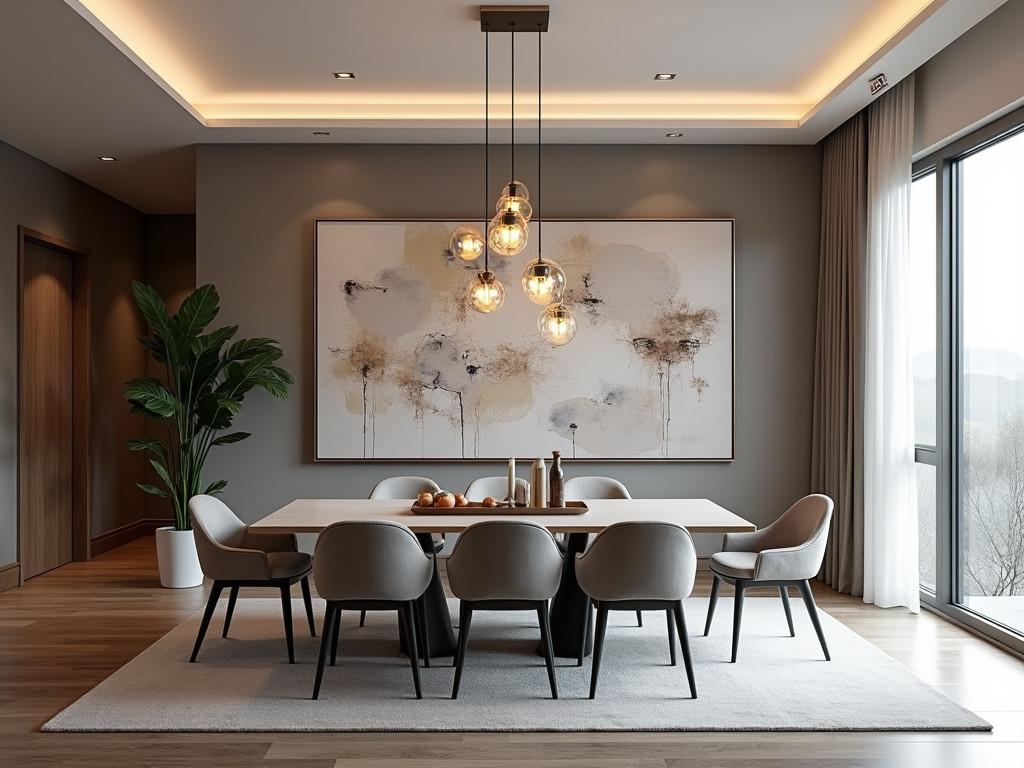 Contemporary dining room with large abstract art and modern chandelier