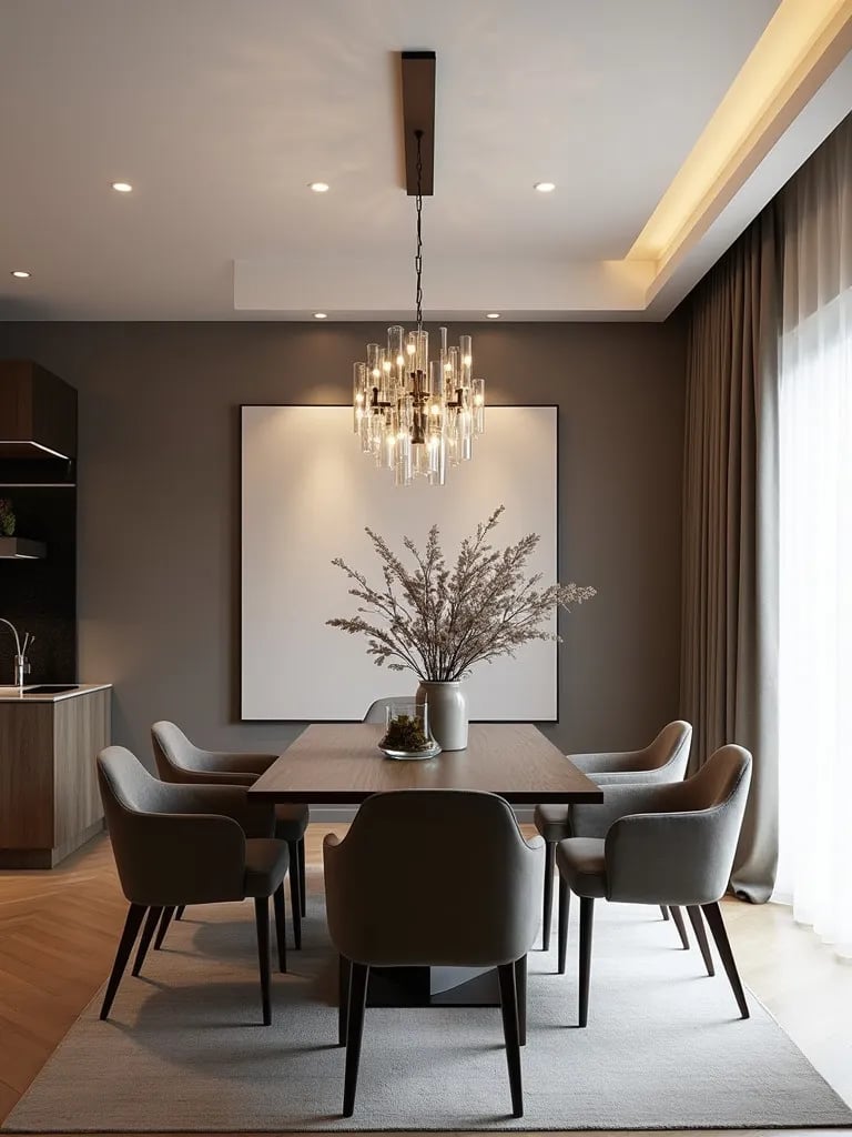 Contemporary dining room with large abstract art and modern chandelier