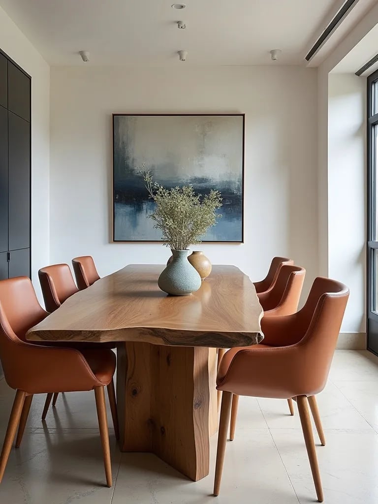 Contemporary dining room with live edge table and abstract art