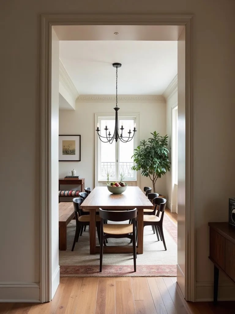 Contemporary dining room with long table and varied seating options