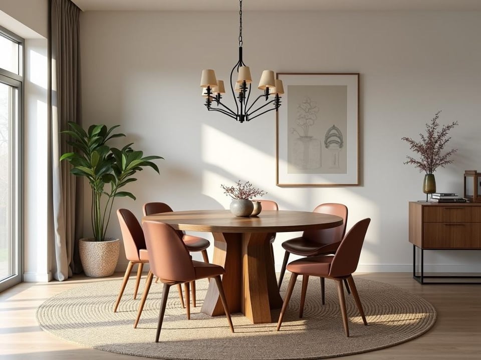 Contemporary dining room with mismatched colorful chairs and wooden table