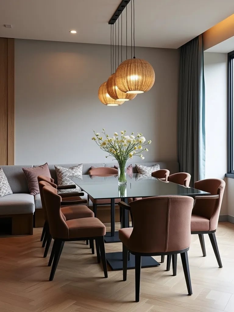 Contemporary dining room with mixed chair and bench seating around glass table