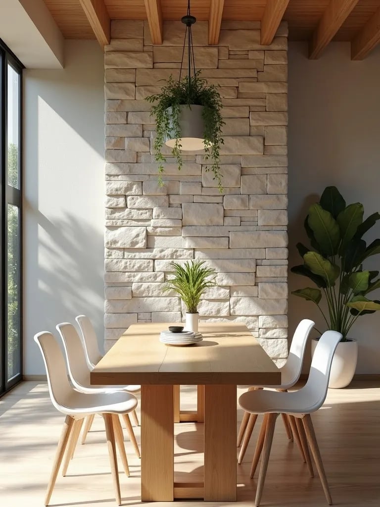 Contemporary dining room with stone wall, wooden table, and air plants