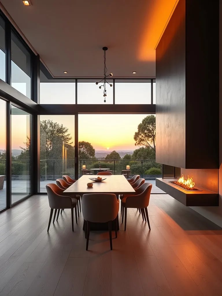 Contemporary dining room with suspended fireplace and large windows