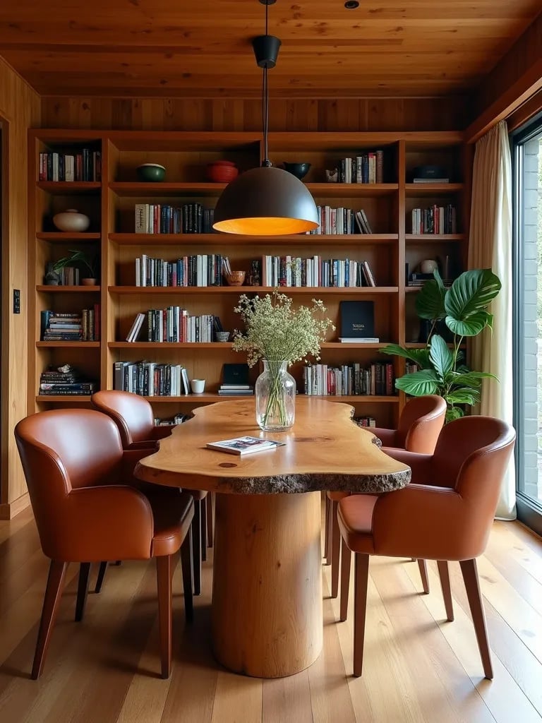 Contemporary dining room with wooden table, leather chairs, and bookshelves
