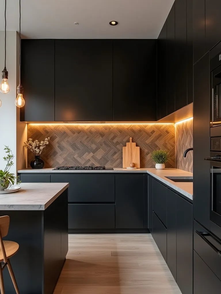 Contemporary kitchen with matte black cabinets and concrete countertops