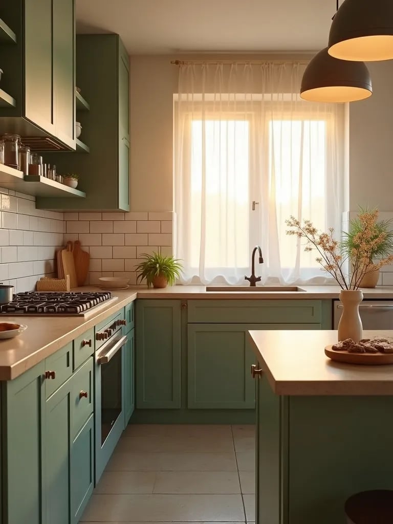 Contemporary kitchen with sage green cabinets and concrete countertops