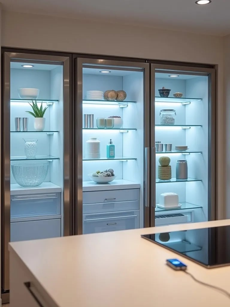 Contemporary kitchen with transparent fridge and high tech storage solutions