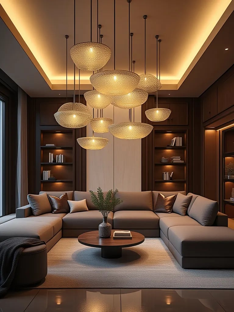 Contemporary living room with artistic pendant light installation above modern furniture